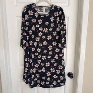 Heathmoor Navy Blue Floral 3/4 Sleeve Shift Dress with Pockets Womens Large